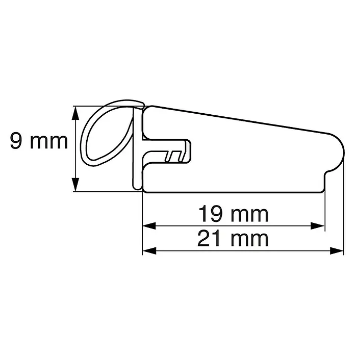 Primo Zargenleiste - Weiß, 2,2 m x 21 mm x 9 mm - Technische Zeichnung eines Dichtungsprofils mit den Maßen 9 mm Höhe, 19 mm und 21 mm Länge.