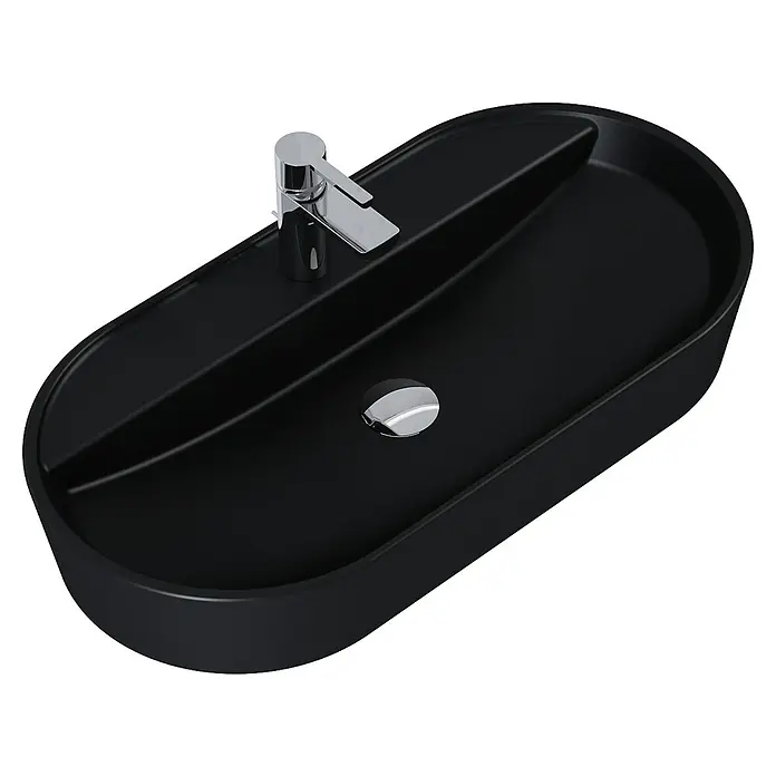 Inspira Aufsatzwaschbecken - 81 x 41 cm, Keramik, Schwarz - Schwarzes Waschbecken mit Armatur und Abfluss für das Badezimmer. Das ovale Design verleiht dem Raum eine moderne Note.