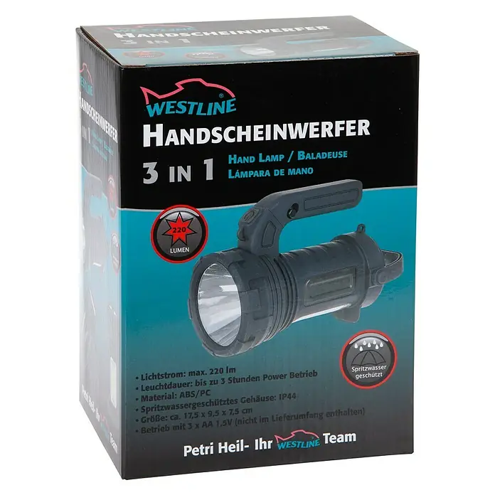 Westline Handscheinwerfer 3 in 1 - L x B x H: 12,5 x 5 x 8,5 cm - Abbildung einer Verpackung einer Westline Handscheinwerfer 3 in 1 Handlampe, einer tragbaren Lampe mit 220 Lumen Leuchtkraft.