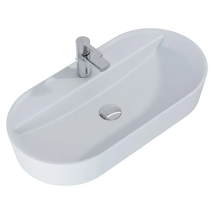 Inspira Aufsatzwaschbecken - 81 x 41 cm, Keramik, Stone - Ein elegantes, ovales Aufsatzwaschbecken mit einem schlanken Chromhahn und einem modernen Design für stilvolle Badezimmer.
