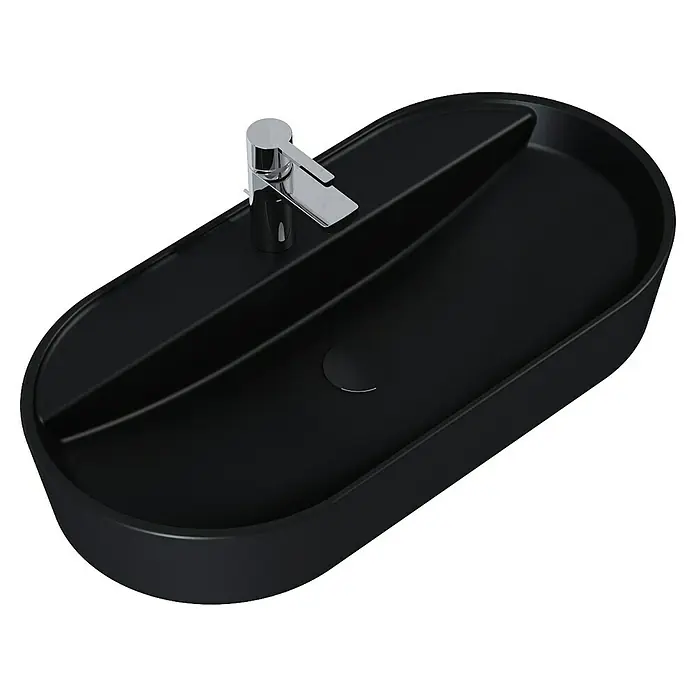 Inspira Aufsatzwaschbecken - 81 x 41 cm, Keramik, Schwarz - Schwarzes Aufsatzwaschbecken mit modernem Chromhahn. Elegantes Design für stilvolle Badezimmer, das Funktionalität und Ästhetik vereint.