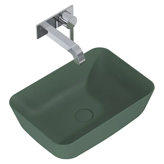 Inspira Aufsatzwaschbecken - 45,5 x 32,5 cm, Keramik, Forest Green - Moderne eckige Waschtischplatte in Waldgrün mit Wandarmatur in Chrom für Badezimmer oder Gästetoilette.