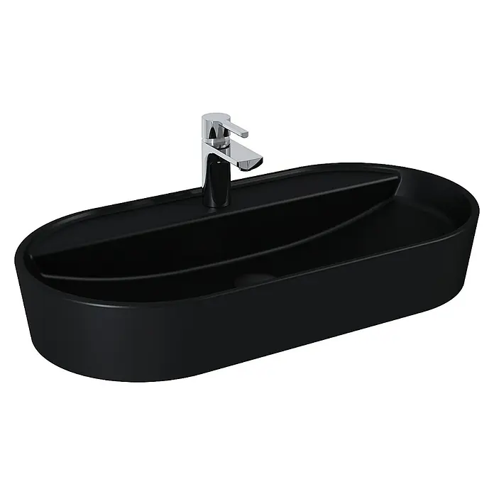 Inspira Aufsatzwaschbecken - 81 x 41 cm, Keramik, Schwarz - Moderne, schwarze Waschtischplatte mit einem eleganten Chromhahn. Das perfekte Element für stilvolle Badezimmerdesigns und ein luxuriöses Ambiente.