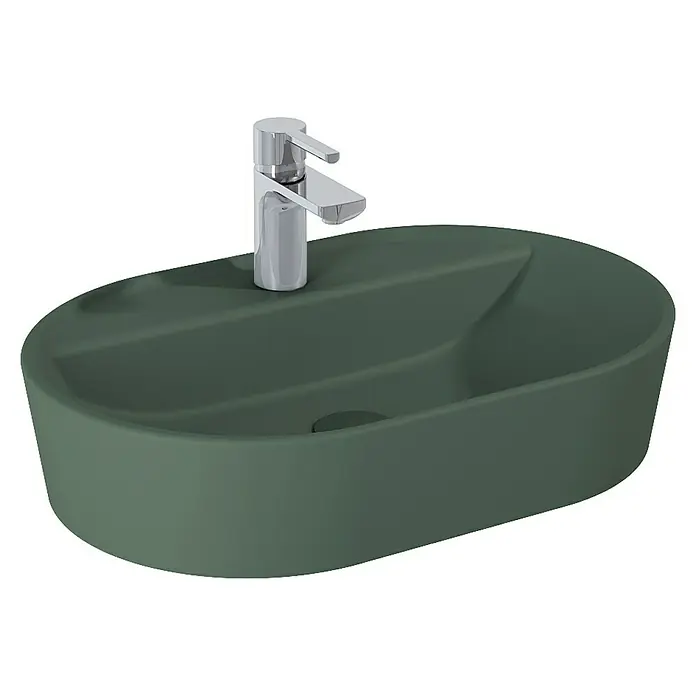 Inspira Aufsatzwaschbecken - 62 x 41 cm, Forest Green - Stylisches Aufsatzwaschbecken in Olivgrün mit modernem Chromhahn für ein elegantes Badezimmerdesign. Zeitlose Ästhetik für Ihr Bad.