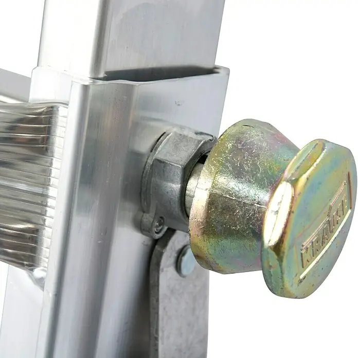 Krause Teleskopleiter TeleVario - Anzahl Tritte: 16 Stk., Arbeitshöhe: 5 m, Belastbarkeit: 150 kg, Aluminium - Nahaufnahme einer Krauke-Leiter mit Verriegelungsmechanismus für Stabilität und sicheren Gebrauch.