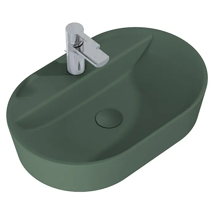 Inspira Aufsatzwaschbecken - 62 x 41 cm, Forest Green - Eine grüne ovale Aufsatzwaschbecken mit einer modernen Chromarmatur. Das Becken ist schlicht und elegant.