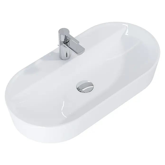 Inspira Aufsatzwaschbecken - 81 x 41 cm, Weiß - Ein ovales, glänzend weißes Waschbecken mit einem modernen Chromhahn und einem Abfluss in der Mitte. Elegantes Baddesign.