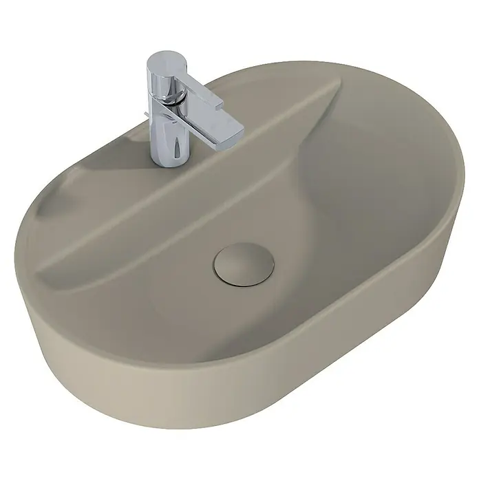 Inspira Ablaufventil - 1 ¼″, Fume, Permanent geöffnet - Ovale Waschtischschale in Taupe mit einem modernen Chrom-Wasserhahn für das Badezimmer.