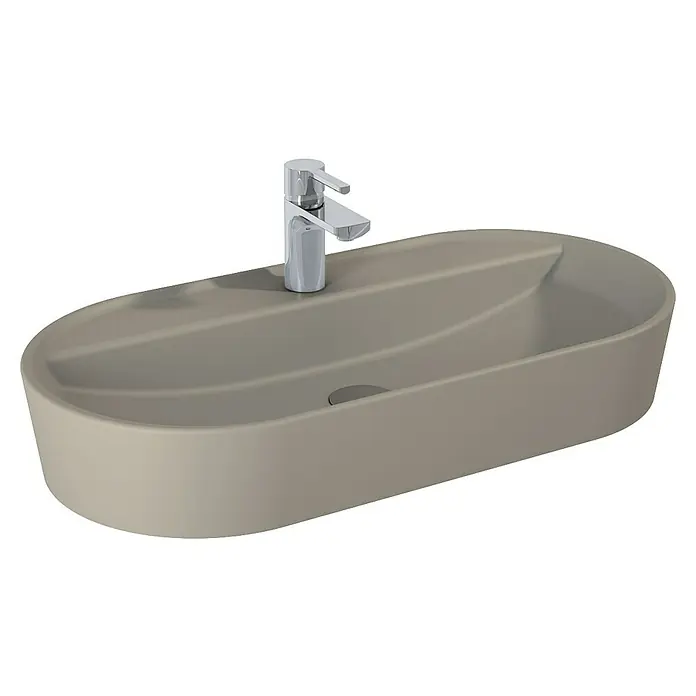 Inspira Aufsatzwaschbecken - 81 x 41 cm, Keramik, Fume - Ein schlichtes, beigefarbenes Aufsatzwaschbecken mit einem modernen Chrom-Wasserhahn, ideal für ein stilvolles Badezimmer.