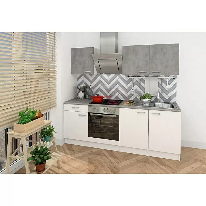 Respekta Cocina compacta Malia - Ancho: 210 cm, Blanco, Gris, Decoración encimera: Efecto cemento - Módulo de cocina moderno con muebles bajos blancos, muebles altos grises, encimera gris y electrodomésticos integrados.