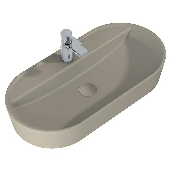 Inspira Aufsatzwaschbecken - 81 x 41 cm, Keramik, Fume - Ein elegantes, ovales Waschbecken in Beige mit einem modernen Chromhahn, perfekt für stilvolle Badezimmer.