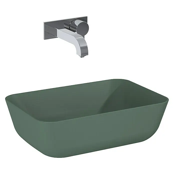 Inspira Aufsatzwaschbecken - 45,5 x 32,5 cm, Keramik, Forest Green - Eine moderne Kombination aus einem grünen Aufsatzwaschbecken und einer schicken Chromarmatur, die Eleganz und Funktionalität im Badezimmer vereint.