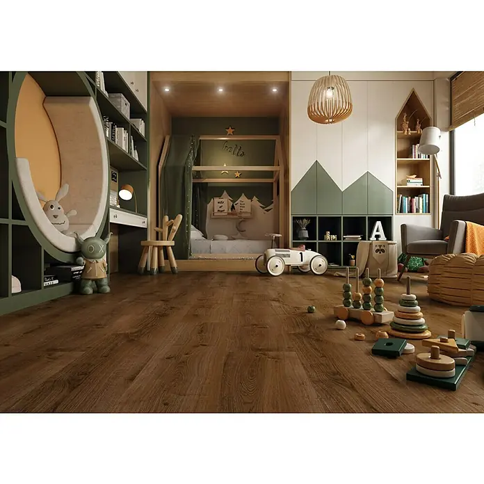 LOGOCLIC Laminado Roble Arábica - 1.380 x 193 x 7 mm, Roble, AC4 - Habitación infantil espaciosa con suelo de madera, juguetes y amplio espacio de almacenamiento en estanterías. El diseño es moderno y apto para niños.