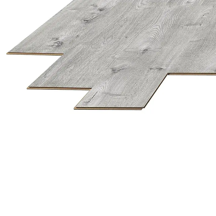 LOGOCLIC Laminado Roble Ferik - 1.380 x 193 x 10 mm, AC4 - Imagen de suelo laminado con aspecto de madera gris claro que muestra la conexión de las lamas.