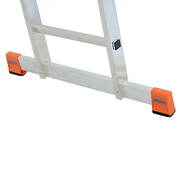 Krause Monto Mehrzweckleiter Tribilo - Arbeitshöhe: 6,05 m, Anzahl Tritte: 24 Stk., Belastbarkeit: 150 kg, Aluminium - Nahaufnahme der Füße einer Aluminiumleiter von Krause, mit orangenen, rutschfesten Schutzkappen für sicheren Stand.