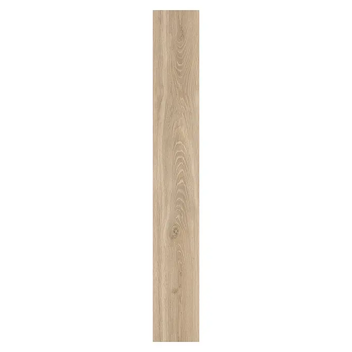 LOGOCLIC Laminado Roble Venecia - 1.380 x 193 x 10 mm, Roble, AC5 - Vista detallada de una decoración de tabla de madera clara que destaca la veta y la textura natural, ideal para suelos o revestimientos de paredes.