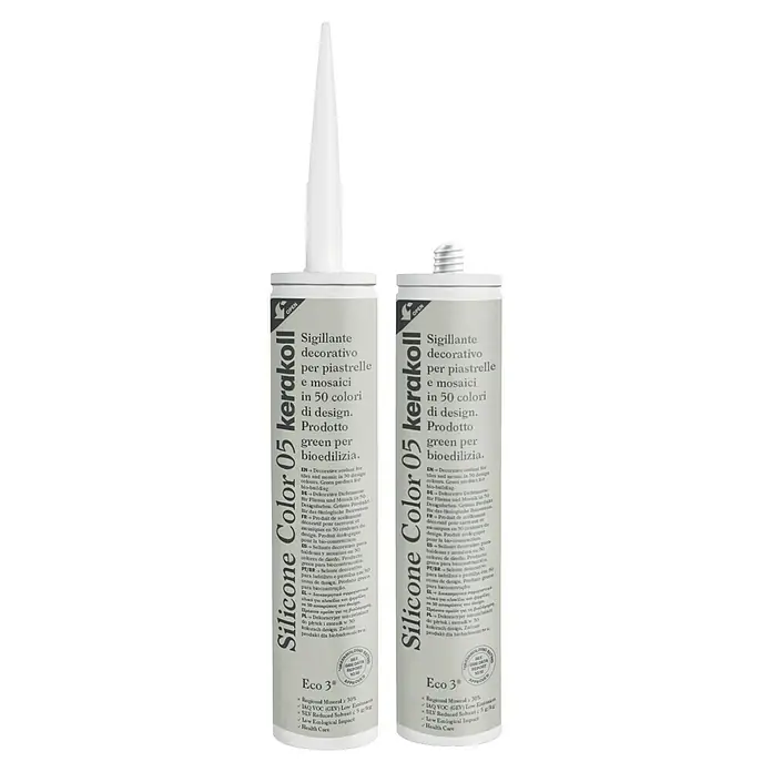 Kerakoll Silicona universal Color - Tono de color: 05, 310 ml - Dos tubos de Silicone Color 05 Kerakoll, sellante decorativo para azulejos y mosaicos en 50 colores de diseño. Producto verde.