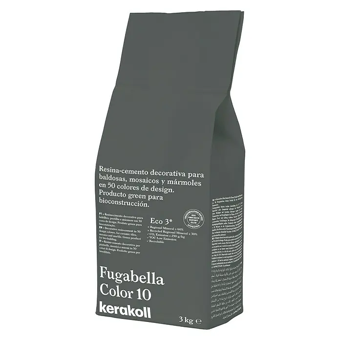Kerakoll Mortero para juntas - cemento Fugabella - Color: 10, 3 kg - Imagen de un paquete de Fugabella Color 10 Kerakoll, un resin-cemento decorativo para baldosas, mosaicos y mármoles, producto green.