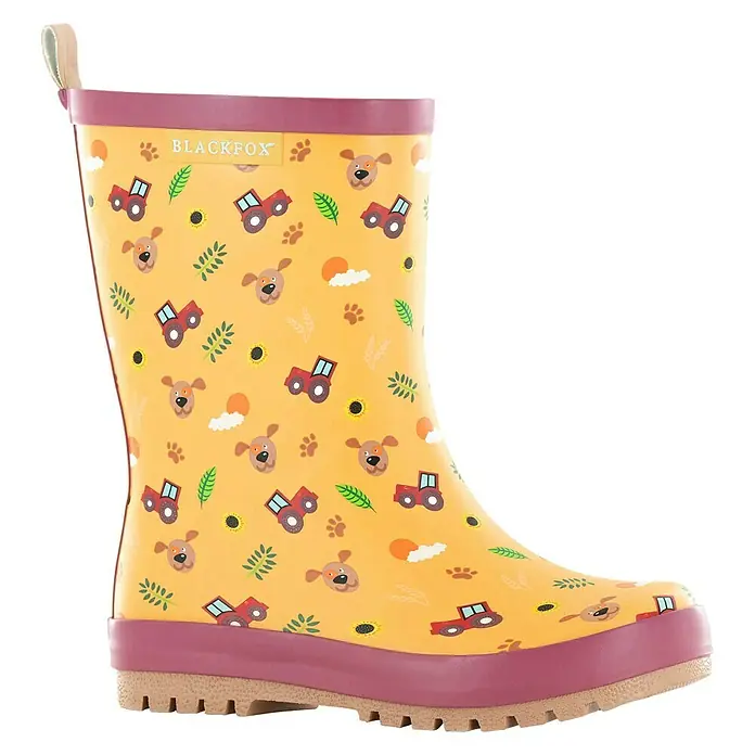 Black Fox Kinderstiefel Robin - Schuhgröße: 26, Orange - Gelber BLACKFOX Kindergummistiefel mit Hund-, Traktor- und Sonnenmotiv. Perfekt für kleine Entdecker bei jedem Wetter.
