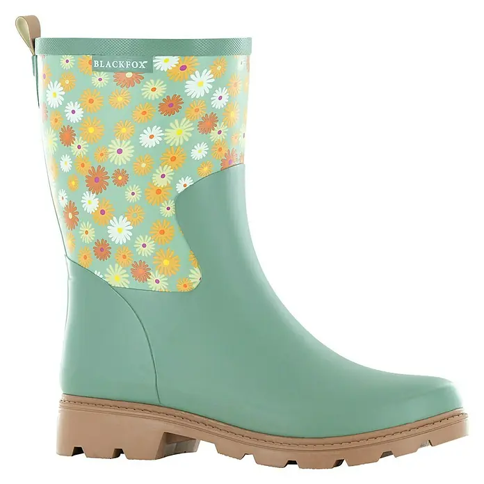 Black Fox Gummistiefel Lizia - Schuhgröße: 38, Grün - Grüne Blackfox Gummistiefel mit Blumenmuster und brauner Sohle, perfekt für regnerische Tage und Gartenarbeit.