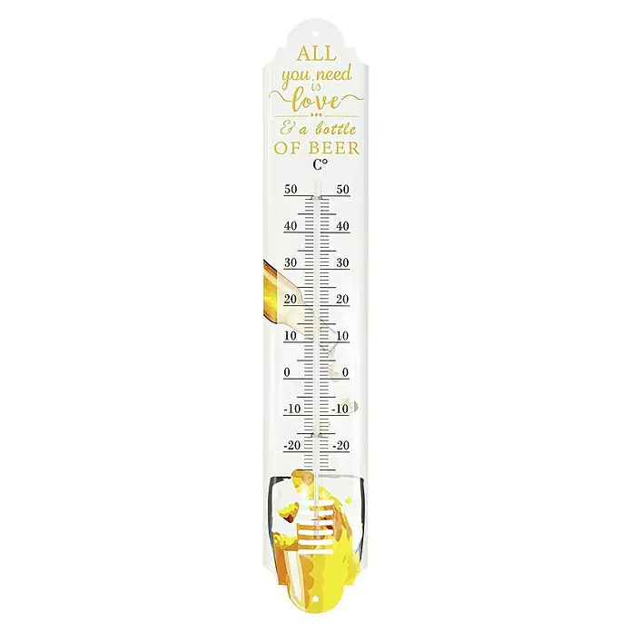 Innen-Thermometer Bierliebhaber - Analog, Weiß/Gelb - Dekoratives Thermometer mit dem Aufdruck "Alles was du brauchst ist Liebe... und eine Flasche Bier", ideal für den Innen- und Außenbereich.