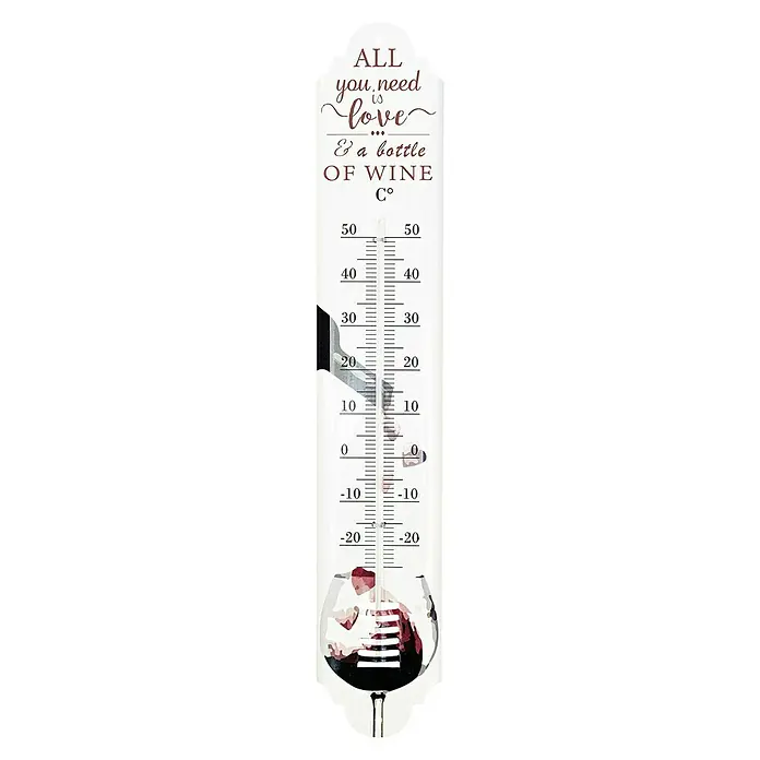Innen-Thermometer Weinliebhaber - Analog, Weiß/Rot - Ein dekoratives Thermometer mit dem Spruch "Alles, was man braucht, ist Liebe & eine Flasche Wein" und einem Weinglasmotiv.