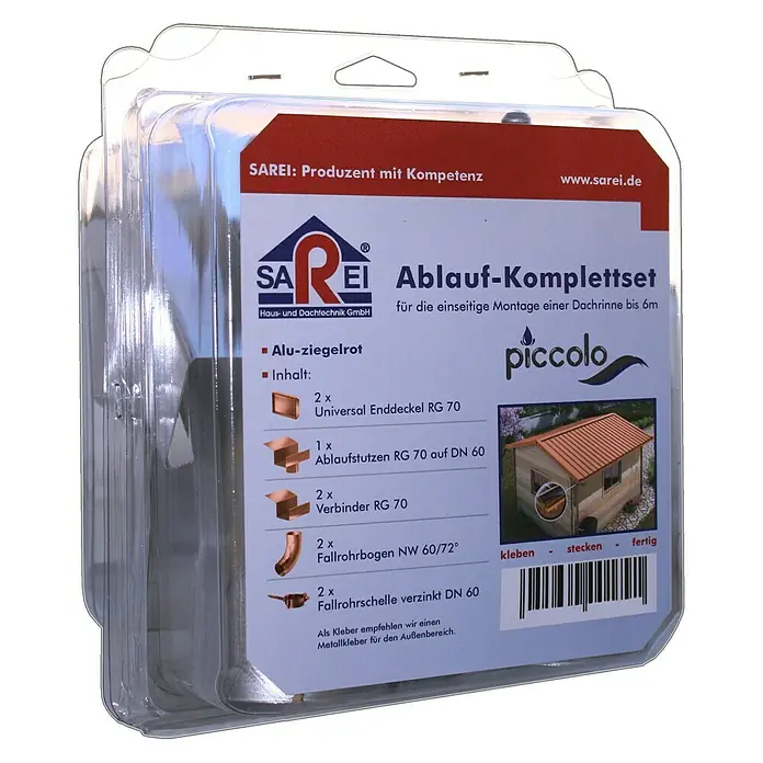 Sarei Piccolo Ablauf-Set - Nennweite: 70 mm, Aluminium, Ziegelrot, Eckig - Produktverpackung eines SAREI Ablauf-Komplettsets in Alu-Ziegelrot, ideal zur Montage einer Dachrinne bis 6m Länge.