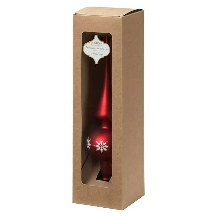 Christbaumspitze - Höhe: 8 cm, Rot, Glas - Rote Glas-Christbaumspitze mit Schneeflockenmuster in brauner Kartonschachtel mit Fenster.