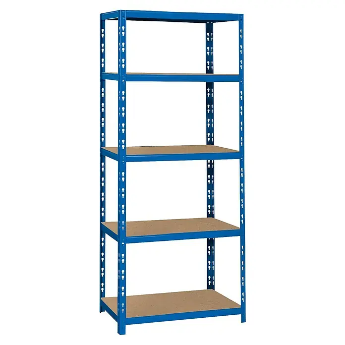 Regalux Schwerlastregal M - H x B x T: 180 x 60 x 50 cm, Traglast pro Boden: 290 kg, Anzahl Böden: 5 Stk., Stecken, Blau - Abbildung eines blauen Metallregals mit vier Regalböden. Das Regal ist robust und bietet viel Stauraum.