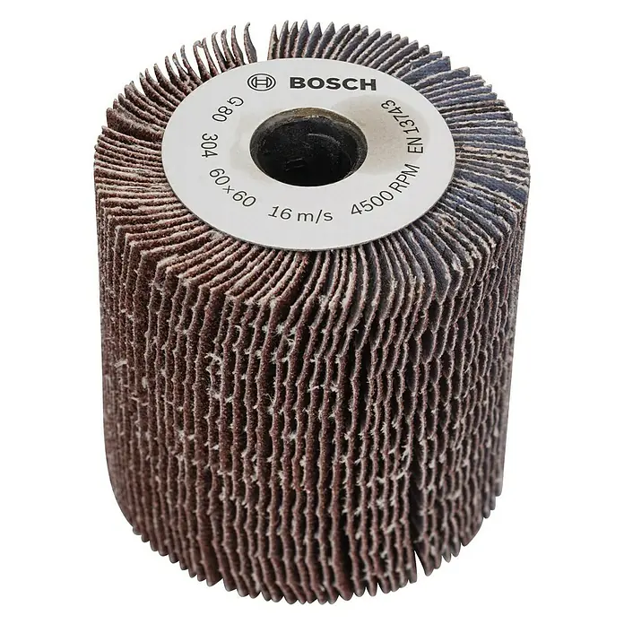 Bosch Lamellenschleifrolle - Körnung: 80, Breite: 60 mm - Bild einer Bosch Schleifmoprolle mit der Aufschrift 60x60, 304 G 80, 16 m/s, 4500 RPM EN 13743 für effektives Schleifen.