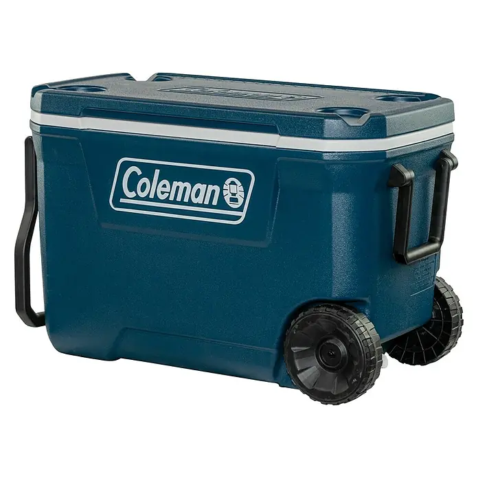 Coleman Nevera de camping 62QT Xtreme™ - L x An x Al: 70 x 40 x 46 cm, Azul, 58 l - Nevera portátil Coleman, ideal para excursiones de camping y actividades al aire libre. La nevera tiene ruedas y un asa para facilitar el transporte.