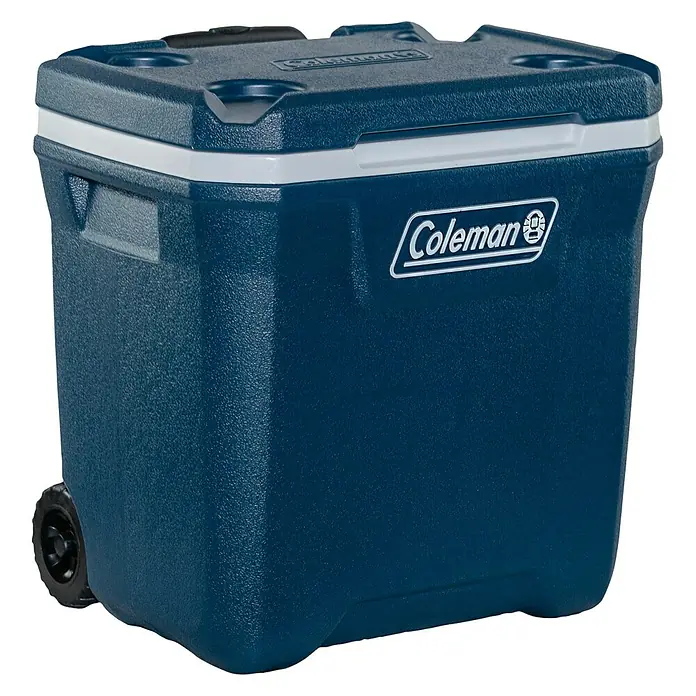 Coleman Nevera de camping 28QT Xtreme™ - 31 x 43 x 47 cm, Azul, 26,5 l - Una nevera azul Coleman con ruedas, perfecta para transportar bebidas frías y comida al aire libre, diseñada para la comodidad.