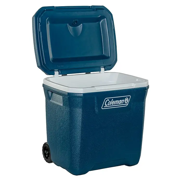 Coleman Nevera de camping 28QT Xtreme™ - 31 x 43 x 47 cm, Azul, 26,5 l - Nevera portátil azul Coleman con tapa abierta y ruedas para facilitar el transporte. Ideal para actividades al aire libre y mantener los alimentos frescos.