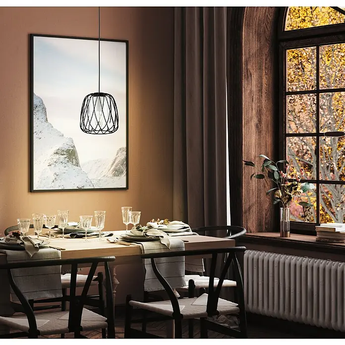 Eglo Lámpara colgante redonda Floresta - 40 W, Ø x Al: 19,5 x 110 cm, Negro, E27 - Elegante lámpara colgante en un comedor de diseño moderno complementado con un cuadro de paisaje.