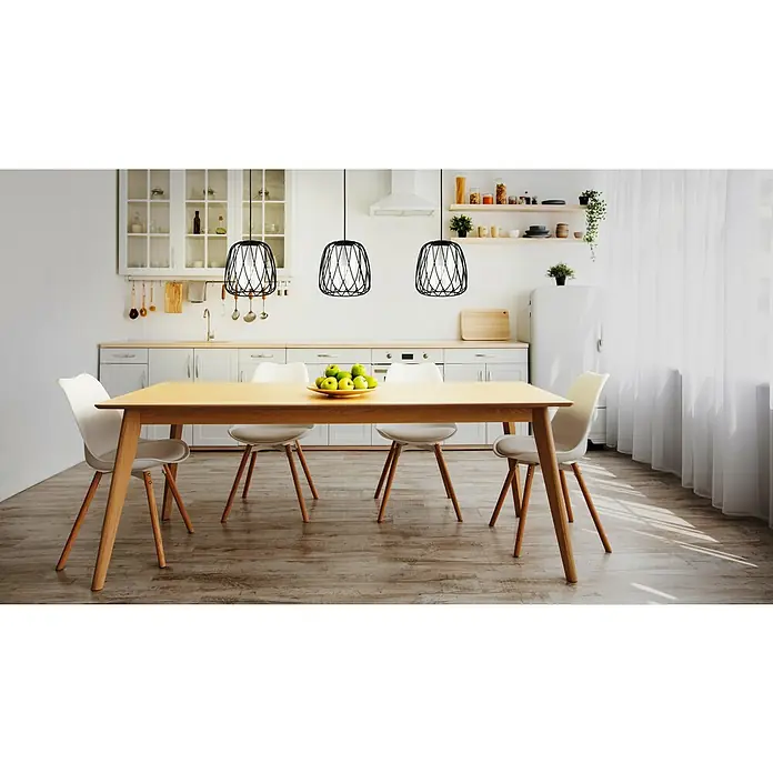 Eglo Lámpara colgante Floresta - 120 W, L x An x Al: 19 x 89 x 110 cm, Negro, Negro, E27 - Esta imagen muestra un comedor moderno con tres lámparas colgantes decorativas sobre una mesa de madera con sillas.