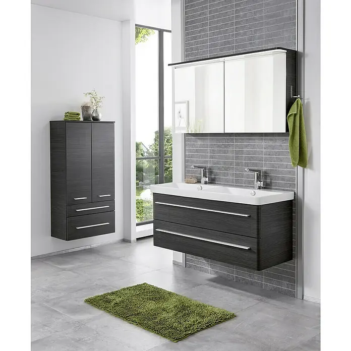 Lanzet Modern 3.0 Waschtischunterschrank - B x T x H: 115,8 x 44,5 x 48,7 cm, Dark Oak - Modernes Badezimmer-Interieur mit einem Waschtischunterschrank in Holzoptik, Spiegelschrank und einem passenden Hochschrank für zusätzlichen Stauraum.