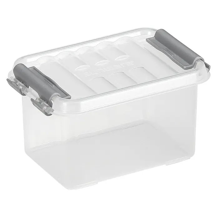 Sunware Aufbewahrungsbox Q-Line - L x B x H: 11,8 x 7,7 x 6,2 cm, Kunststoff, Transparent - Transparente Aufbewahrungsbox mit grauem Verschlussdeckel, ideal zur Organisation und Lagerung kleiner Gegenstände.