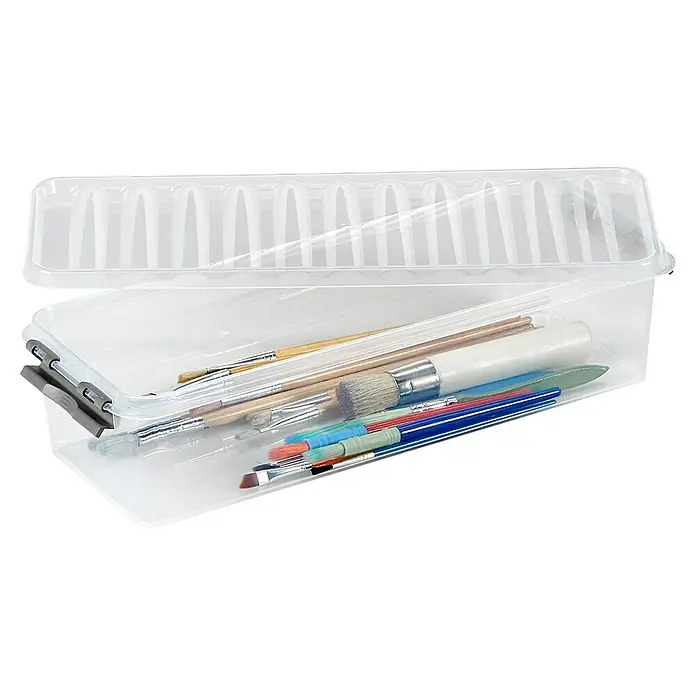 Sunware Aufbewahrungsbox Q-Line - L x B x H: 38,8 x 14,2 x 9,2 cm, Kunststoff, Transparent, Farbe Griff: Schwarz - Eine durchsichtige Aufbewahrungsbox mit Deckel, gefüllt mit verschiedenen Pinselgrößen, ideal zur Organisation von Malwerkzeugen.