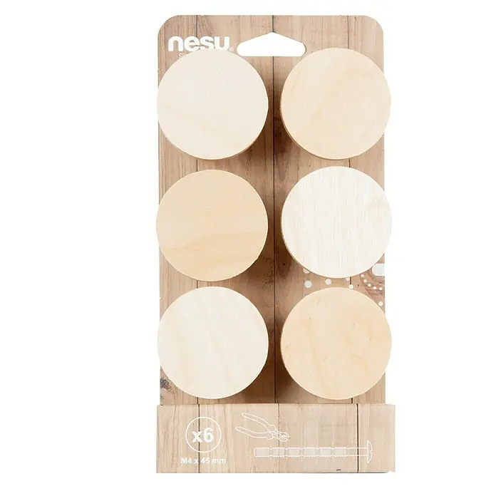 Nesu Pomo para muebles Círculo arena 6 uds. - Ø x Al: 80 x 27 mm, Madera - Primer plano de un paquete que contiene seis discos redondos de madera de la marca "nesu", destinados a manualidades y decoración.