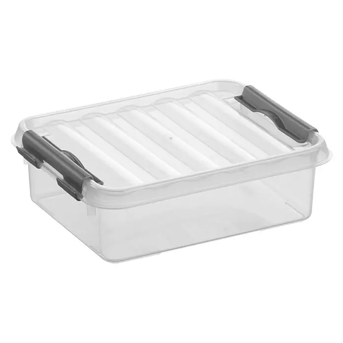 Sunware Aufbewahrungsbox Q-Line - L x B x H: 20 x 15 x 6 cm, Kunststoff, Transparent, Farbe Griff: Schwarz - Klarsichtbox mit grauem Verschluss, ideal für die Aufbewahrung und Organisation von Gegenständen im Haushalt oder Büro.