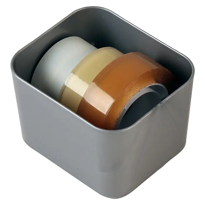 Sunware Aufbewahrungsbox Q-Line Basket - L x B x H: 7 x 6 x 4,8 cm, Kunststoff, Metallfarbig - Ein grauer Behälter mit drei verschiedenen Klebebandrollen, darunter transparentes, braunes und silbernes Klebeband.