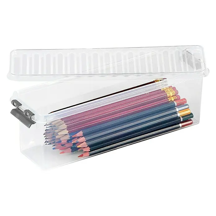 Sunware Aufbewahrungsbox Q-Line - L x B x H: 27 x 8,4 x 9 cm, Kunststoff, Transparent - Transparente Stiftebox mit Deckel und vielen bunten Stiften für Künstlerbedarf und kreative Projekte.