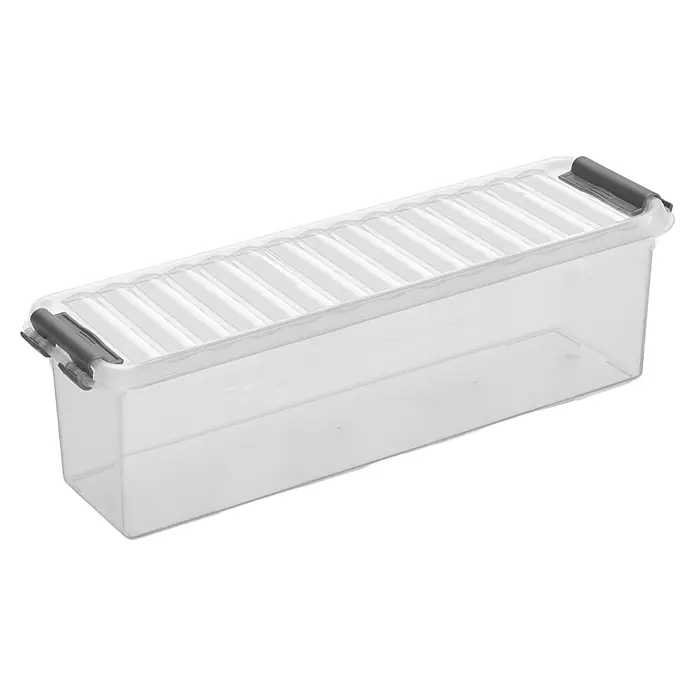 Sunware Aufbewahrungsbox Q-Line - L x B x H: 27 x 8,4 x 9 cm, Kunststoff, Transparent - Ein durchsichtiger Kunststoffbehälter mit Deckel und grauen Verschlüssen zur Aufbewahrung von Gegenständen.