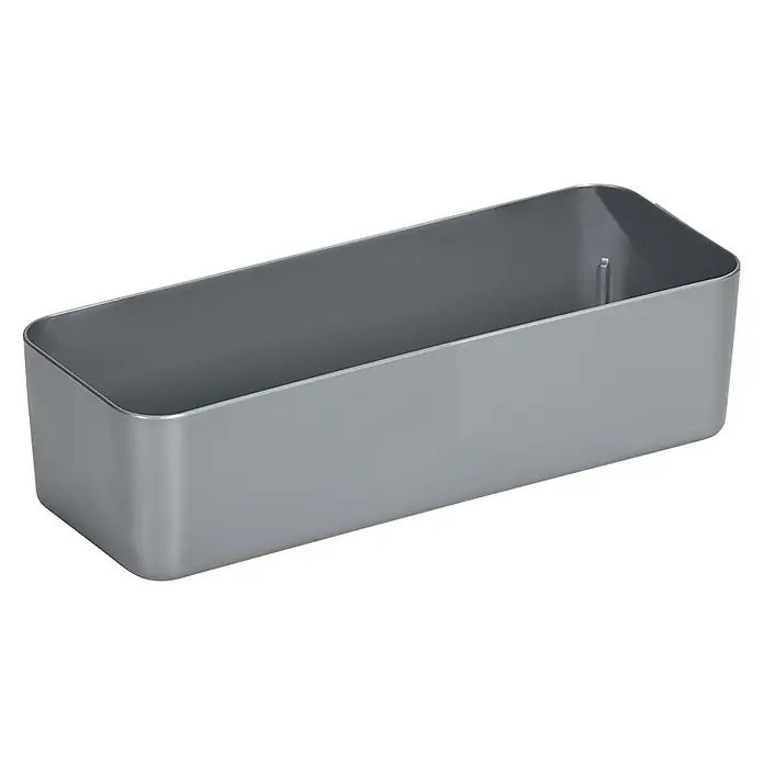 Sunware Aufbewahrungsbox Q-Line Basket - L x B x H: 18,2 x 7 x 4,8 cm, Kunststoff, Metallfarbig - Ein grauer rechteckiger Behälter, ideal für Büroorganisation oder Aufbewahrung, präsentiert durch seine schlichte, moderne Form.