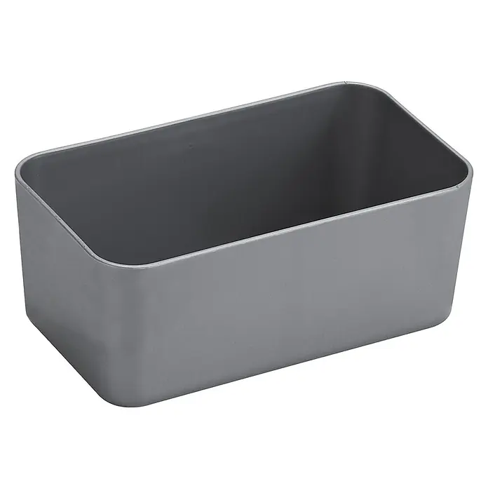 Sunware Aufbewahrungsbox Q-Line Basket - L x B x H: 12,2 x 7 x 4,8 cm, Kunststoff, Metallfarbig - Ein grauer, rechteckiger Behälter mit abgerundeten Kanten, ideal zur Aufbewahrung von Utensilien oder als stilvoller Organizer.