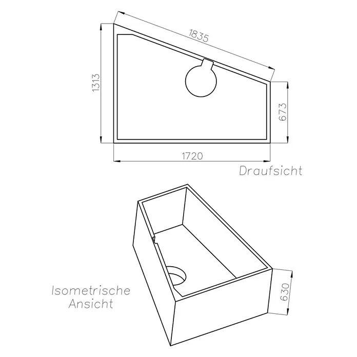 Ottofond Badewannenträger Cebu 2 A - Passend für: Badewanne Cebu 2A 175 x 135/70 x 50 cm - Technische Zeichnung einer schrägen Waschbecken-Einheit mit detaillierten Maßangaben, dargestellt in Draufsicht und isometrischer Ansicht.
