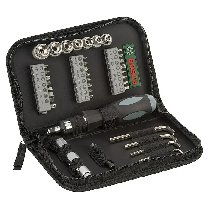 Bosch Power for All 12V Akku-Bohrschrauber EasyDrill 1200 - 12 V, 2 Akkus, 1,5 Ah, 20 Nm - Bild eines schwarzen Bosch-Werkzeugsatzes mit verschiedenen Schraubendreherbits, Steckschlüsseln und Schraubenschlüsseln in einem Reißverschlussetui.