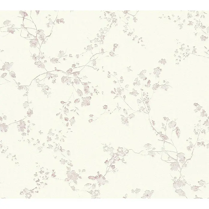 A.S. Création Metropolitan Stories Vliestapete Blümchen - Lilac/Weiß, Floral, 10,05 x 0,53 m - Elegante Tapete mit zarten, rosafarbenen Blütenzweigen auf einem hellen Hintergrund, die eine ruhige und stilvolle Raumatmosphäre schafft.