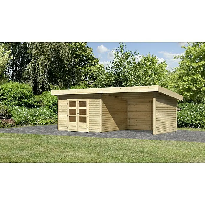 Karibu Gartenhaus Northeim 3 - Außenmaß inkl. Dachüberstand (B x T): 664 x 360 cm, Holz, Natur - Ein helles Holzgartenhaus mit Doppeltür und offenem Bereich, umgeben von Grün.