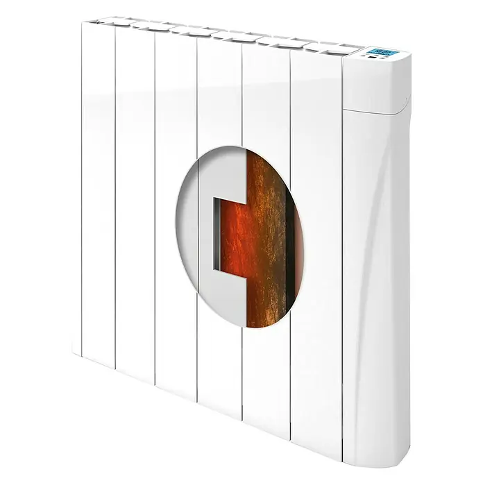 Voltomat HEATING Emisor térmico VOLTC - Potencia: 1.000 W, 9,8 x 58,5 x 57,5 cm, Cerámico - La imagen muestra un calentador de almacenamiento eléctrico blanco con control digital y una vista de su interior.